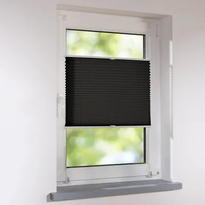 A black pleated blind is installed in a white window frame, with green foliage visible through the lower part of the window.