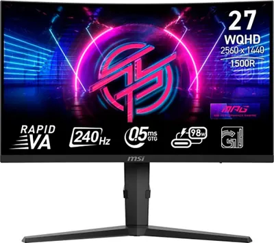 A marketing image of an MSI gaming monitor with various specifications displayed.