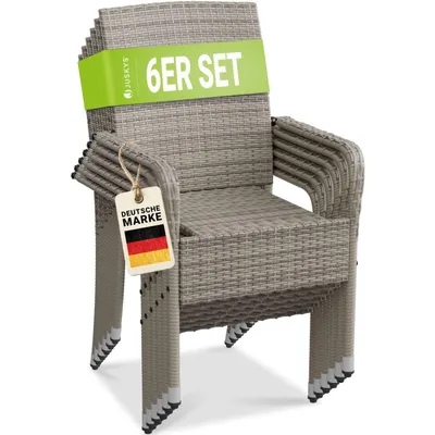 Produktbild von Juskys Polyrattan Gartenstühle Yoro 6er Set - mit Armlehnen & Rückenlehne - 6 Stühle stapelbar - Rattan Stuhl Garten - Stapelstuhl Grau-meliert