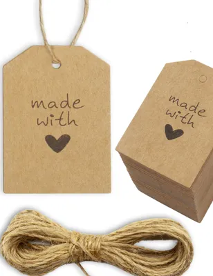 Zdjęcie produktu dla HOMETOOLS.EU® – papier o gramaturze 100 g/m², karton w kolorze naturalnym, zawieszki na prezenty, zawieszki papierowe, tabliczki papierowe, etykiety na prezenty, kartonowe zawieszki, 5,5 x 4 cm, z 10 m sznurka jutowego, „Made with Love”, serce, naturalny brąz