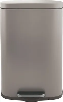 A gray pedal trash can is shown against a white background.