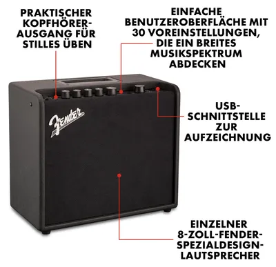Produktbild von Fender Mustang LT25 Gitarren-Combo-Verstärker, 25W mit 8" Lautsprecher, 30 Presets und USB-Konnektivität, Schwarz