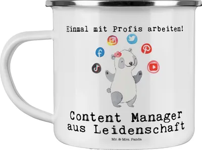 Produktbild von Mr. & Mrs. Panda Teetasse Content Manager Leidenschaft - Weiß - Geschenk, Teebecher, Pott, Emaille Tasse, becher, Haferl