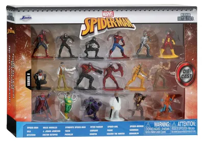 Zdjęcie produktu dla Jada - Zestaw 18 nanofigurek Marvela (Spider-Man), metaliczne, 4 cm, przedmioty kolekcjonerskie, oficjalna licencja Marvela (253225028)