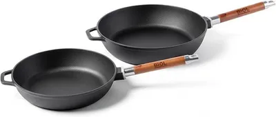 Imagen del producto de Juego de sartenes de hierro fundido, 26 cm + 28 cm – 2 piezas – Con mangos de madera desmontables – Apto para inducción, gas, vitrocerámica, parrilla y horno (juego de 26/28 cm sin tapa)