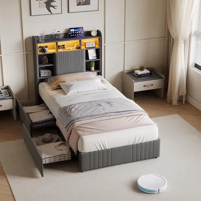 Zdjęcie produktu dla Łóżko tapicerowane ProximaX 90x200 cm z portami USB i gniazdkami, łóżko młodzieżowe pojedyncze z 2 szufladami, łóżko z miejscem do przechowywania z litego drewna z oświetleniem LED i stelażem, kolor lniany, szary