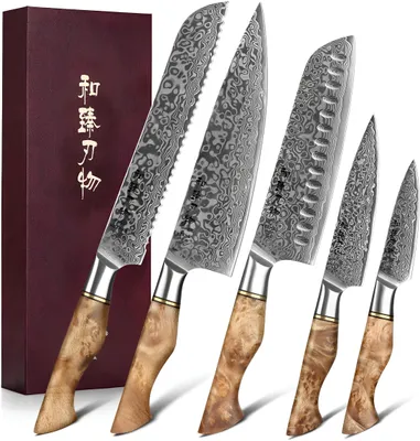 Obrázok produktu pre Sada nožov HEZHEN, 5 dielov, damascénska oceľ Santoku
