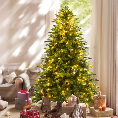 Zdjęcie produktu dla Sztuczne drzewko świąteczne o wysokości 183 cm, ozdobione 250 ciepłobiałymi diodami LED, z 8 trybami podświetlenia, 1455 końcówkami gałęzi, wykonane z materiałów ognioodpornych (PE/PVC), z solidną metalową podstawą