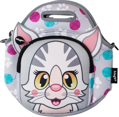 Productafbeelding van FRINGOO Kinderen Lunch Bag Neopreen Thermische Geïsoleerde Rits Pocket Schouderriem Nursery School Koeltas (Grijze Kat)