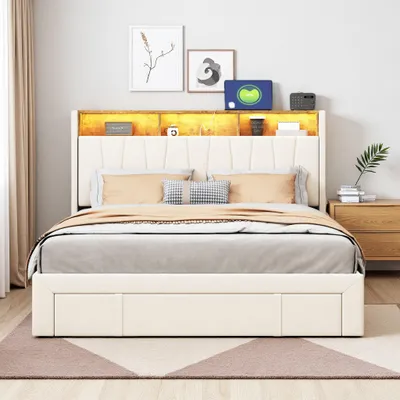 A bedroom scene featuring a beige upholstered bed with a headboard that has built-in shelves and LED lighting.