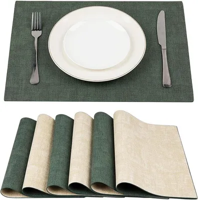 Produktbild von PolkaHome® Set von 6 waschbaren Tischsets aus Kunstleder, rechteckig, grün und beige, 31 x 43 cm, abwischbar, hitzebeständig bis 90 °C