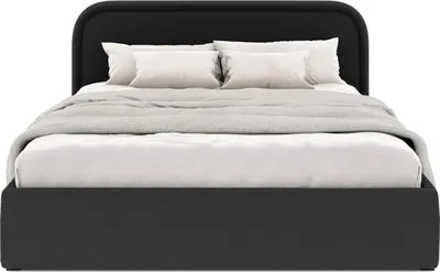 A black upholstered bed with white pillows and a grey blanket.