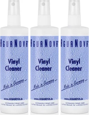 Three bottles of AguaNova Vinyl Cleaner on a white background.