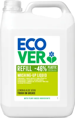A white plastic jug of Ecover washing-up liquid with a green and blue label.