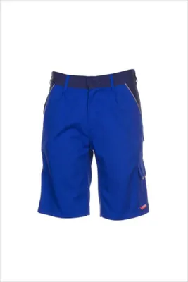 A pair of blue cargo shorts on a white background.
