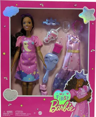 Image de Mattel HMM67 My First Barbie Deluxe Poupée, 34 cm avec des cheveux noirs, un corps souple et mobile, des tenues sur le thème de la fête et de la sieste