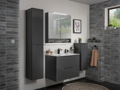 Produktbild von FACKELMANN Waschtischunterschrank LUNA / hochwertiger Badschrank mit Soft-Close-System / Maße (B x H x T): ca. 80 x 60,5 x 49 cm / Waschbeckenunterschrank mit 2 Schubladen / Korpus & Front: Schwarz