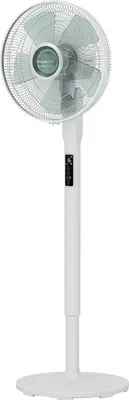 A white pedestal fan against a white background.