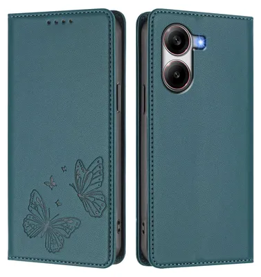 Obrázek produktu pro Kožené pouzdro pro Xiaomi Poco X7 Pro, motýlí ražbou, peněženkové flip pouzdro se stojánkem Zelená