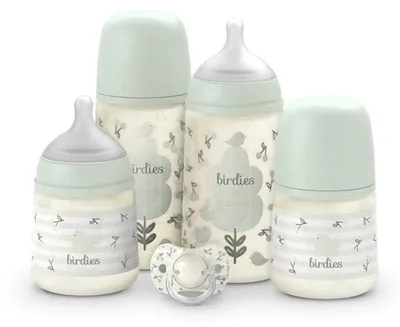 Immagine prodotto di Set per neonati, SUAVINEX Birdies, 0-6 mesi, verde, 2 biberon da 150 ml, 2 biberon da 270 ml, ciuccio SX Pro