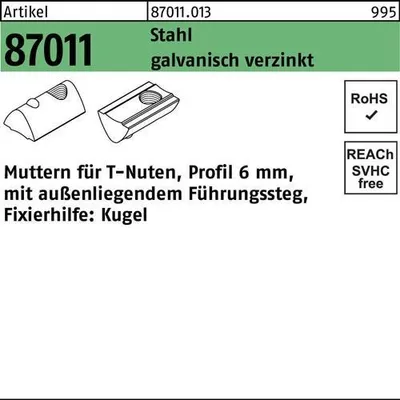 Produktbild von T-Nutenmutter R 87011 m.Fhrungssteg auen 6mm M 6 Stahl galvanisch verzinkt