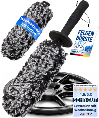 Produktbild von IVALITY® Professional Mikrofaser Felgenbürste extra dünn - Schonende Reinigung bis tief ins Felgenbett - Microfaser Felgenbürste mit Wechselbezug