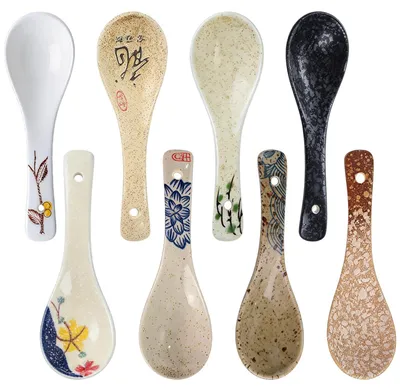 8er Set Ramen Löffel, 14 cm, Keramik, Retro-Muster