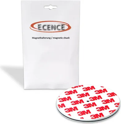 A white package with the brand logo and product name, next to a round magnetic chuck with 3M adhesive.