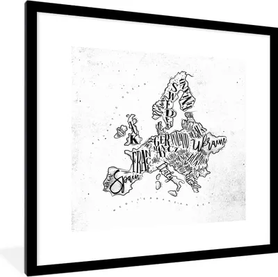 Produktbild von MuchoWow® MuchoWow® Gerahmtes Poster Karte - Europa - Schwarz - Weiß 40x40 cm - Poster mit zchwarzem Bilderrahmen - Poster - Plakat im Rahmen