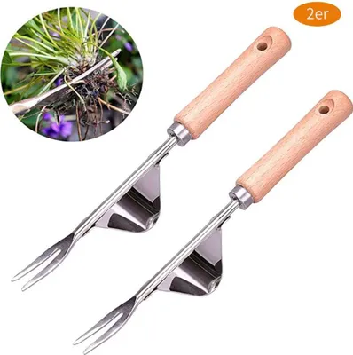 Produktbild von 2 Stücke Edelstahl Unkrautstecher mit Holzgriff, Rasenwurzelentferner Werkzeug, 32cm