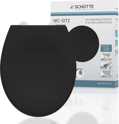 A black toilet seat is shown next to its packaging box.