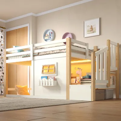 Zdjęcie produktu dla Łóżko piętrowe 90x200 cm z podświetleniem LED, łóżko dziecięce w kształcie domku z oknem i schowkiem, łóżko piętrowe z drewnianą konstrukcją i schodami z miejscem do przechowywania, łóżko piętrowe jednoosobowe, kolor drewna