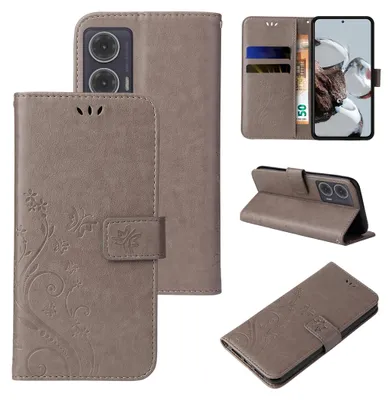 A collage of images showing a flip phone case from different angles, including its interior card slots and how it can be used as a stand.