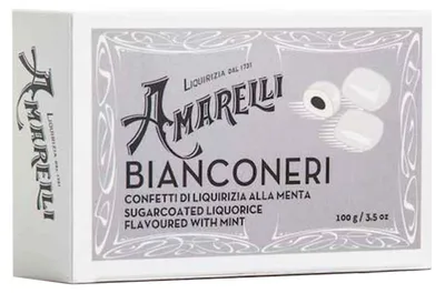 Produktbild von Amarelli Bianconeri, Lakritz mit Minzgeschmack und Zuckerüberzug, Box, 100 g, Amarelli Italien