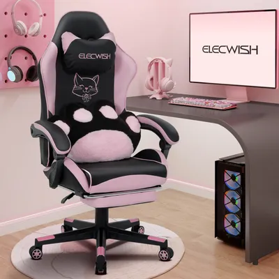 Produktbild von Puluomis Gaming Stuhl mit Fußstütze, Bürostuhl Chefsessel Schreibtischstuhl Racing Stuhl ergonomisch drehbar höhenverstellbar Katze Schwarz Pink