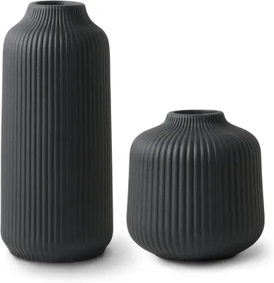 Produktbild von Keramikvase, 2er Set, mit Rillen, schwarz matt, für Blumen