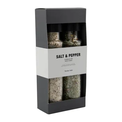 A product shot of a salt and pepper spice set in a dark gray box.