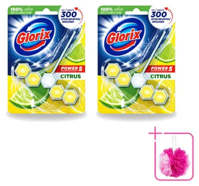 Produktbild von 2 x Glorix Power 5 Toiletblock - Lemon - 55 g - Sparpackung - 2 Stücke