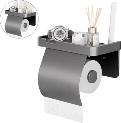 Produktbild von Wandhalter für Toilettenpapier, Schwarzes Aluminium, Handyablage, Feuchttücher, Badpapier Halter, Wasserabweisend, Einfache Montage