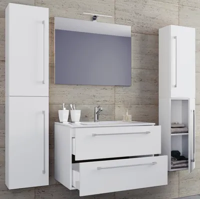 Produktbild von VCM 5-tlg. Waschplatz Waschtisch | Waschbecken Unterschrank Breite 60 cm | Badmöbel Set mit Schubladen Drehtüren Spiegel | Badinos