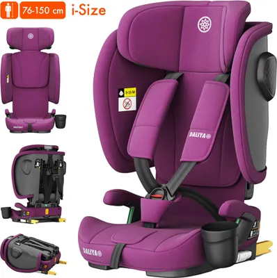 A collage of images showing a purple car seat from different angles, including its folded state and close-ups of its features.