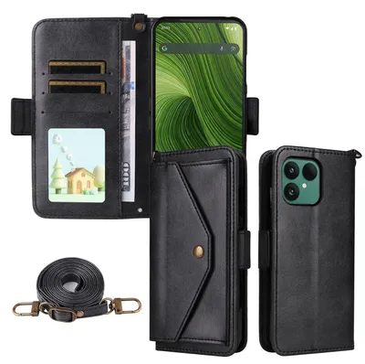 Image de Crossbody Housse en cuir véritable pour Fairphone 6 Porte-cartes et support noir