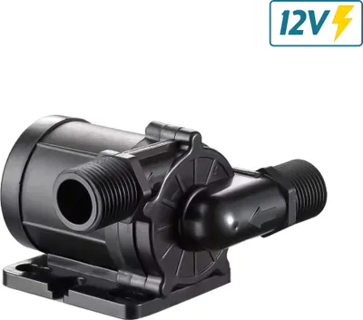 A black 12V DC submersible water pump is shown against a white background.