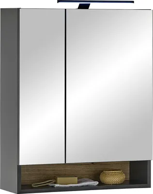 Produktbild von Badezimmerspiegelschrank >Denver< LED, Steckdose, schwarz matt / evoke Eiche Nachbildung - 60x75x22cm (BxHxT)