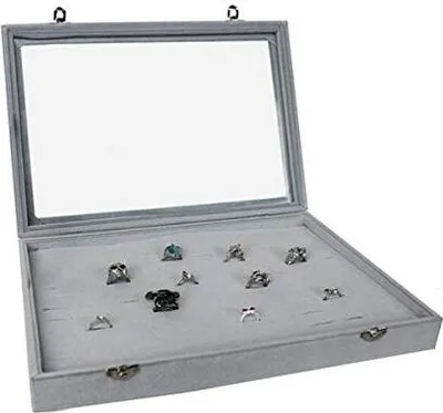Produktbild von Schmuckkasten Schmucklade Schaukasten Schmuckdisplay mit  Glasdeckel mit 100 Schlitze für breite Ringe grau