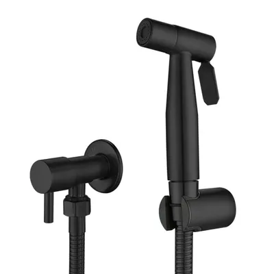 A black bidet sprayer set with a wall mount is shown against a white background.