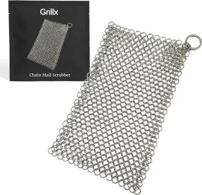Produktbild von GrillX Chain Mail Scrubber - 22 x 15 cm - Edelstahl Schrubmatte - Stahlwolle für Gusseisen / BBQ - Chainmail Cleaner - Schruppschwamm Metall - Gusseisenpfanne