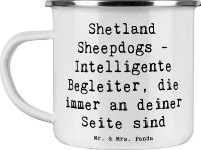 Produktbild von Mr. & Mrs. Panda Emaille Tasse Spruch Shetland Sheepdog Freund - Weiß - Geschenk, Blechtasse, treue Gefährten, Hunderassen Charakter, loyale Hunde, Teetasse, Hunderasse