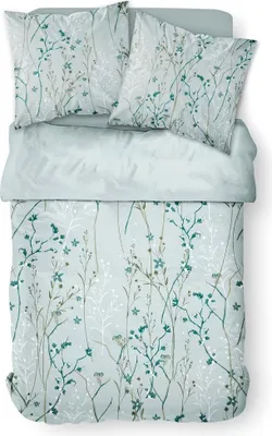 A top-down view of a bedding set with a floral pattern.