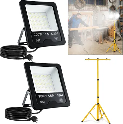 Zdjęcie produktu dla LARS360 LED reflektor zewnętrzny 2x 200W zimny biały reflektor IP66 wodoodporny, super jasny reflektor światło zewnętrzne do ogrodu, garażu, podwórka, domu, z kablem 3m, 2 sztuki ze statywem teleskopowym 150cm